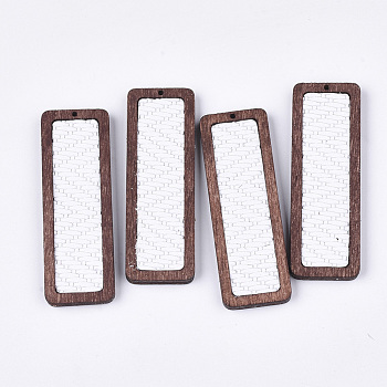Eco-Friendly Cowhide Leather Big Pendants, with Dyed Wood, Rectangle, White, 56x19x3mm, Hole: 1.2mm