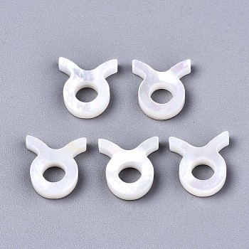 Natural White Shell Beads, Mother of Pearl Shell Beads, Top Drilled Beads, Constellation/Zodiac Sign, Taurus, 11.5x10.5x2.5mm, Hole: 0.8mm