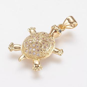 Brass Micro Pave Cubic Zirconia Pendants, Tortoise, Real 18K Gold Plated, 22.5x15.5x4mm, Hole: 3.5x4mm