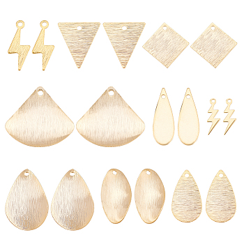36Pcs 9 Style Brass Charms, Lightning & Teardrop & Square, Real 24K Gold Plated, 12~19x4~20.5x0.5mm, Hole: 1mm, 4pcs/style