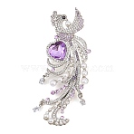 Phoenix Alloy Rhinestone Brooches, Lapel Pins, with Resin Pearl, Platinum, 101x39mm(JEWB-B042-02P)