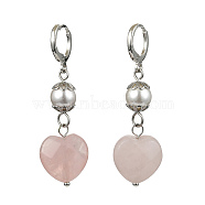 Natural Rose Quartz Heart with Shell Pearl Dangle Leverback Earrings, Platinum, 48x15mm(EJEW-TA00331)