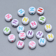 Craft Acrylic Horizontal Hole Letter Beads, Flat Round, Mixed Color, Letter.N, 7x3.5~4mm, Hole: 1.5mm, about 3600pcs/500g(SACR-S201-11N)