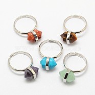 Personalized Unisex Adjustable Gemstone Bicone Rings, with Platinum Plated Brass Findings, Bullet, Natural & Synthetic Mixed Stone, 18mm(RJEW-M004-02)