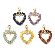 Wire Wrapping Natural Gemstone Heart Pendant Decorations with 304 Stainless Steel Lobster Claw Clasps, 44x29x4.8mm, 5pcs/set(HJEW-TA00044)