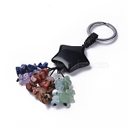 Natural Obsidian Star with Mixed Gemstone Chips Beaded Tassel Keychains, with 304 Stainless Steel Ring Clasps, 9.5~10cm(KEYC-P012-01P-01)