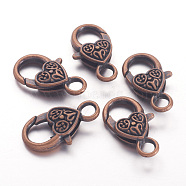 Tibetan Style Heart Lobster Claw Clasps, Cadmium Free & Lead Free, Red Copper, 26.5x14x6mm, Hole: 4mm(K08Y0061)
