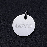 201 Stainless Steel Charms, with Jump Rings, Flat Round with Word LOVE, Stainless Steel Color, 12x1mm, Hole: 3mm(STAS-T049-T679-1)