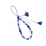 Polymer Clay Rhinestone & Glass Beaded Chain Mobile Strap, with Chiffon Flower Tassel, Anti-Lost Cellphone Wrist Lanyard, for Car Key Purse Phone Supplies, Blue, 12cm(HJEW-SW00021-01)
