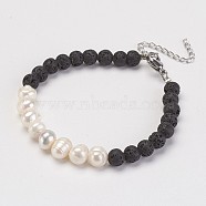 Natural Lava Rock Beads Bracelets, with Freshwater Pearl Beads and Brass Lobster Claw Clasps, Black, 7-1/4 inch(185mm)(X-BJEW-JB02799)