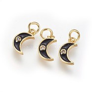 Brass Micro Pave Cubic Zirconia Charms, with Enamel and Jump Ring, Moon, Golden, Black, 10x6x2mm, Hole: 3mm(ZIRC-G150-08G-02)
