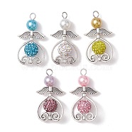 5Pcs 5 Colors Glass Pearl Pendants, with Polymer Clay Rhinestone and Alloy Beads, Angel Charms, Mixed Color, 38x21x10mm, Hole: 3.5mm, 1Pc/color(PALLOY-JF02503)