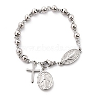 304 Stainless Steel Charm Bracelets, with Round Beads, Cross & Oval with Saint, Stainless Steel Color, 8-3/8 inch(21.3cm)(STAS-B021-16P)