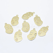 Brass Pendant, Long-Lasting Plated, Real 18K Gold Plated, Nickel Free, Face, 33.5x17.5x1mm, Hole: 2.5mm(KK-G331-90G-NF)