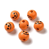 Printed Round Wood European Beads, Halloween Theme Large Hole Beads, Monster Face, Orange, 16mm, Hole: 4mm(WOOD-M006-04)