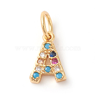 Brass Micro Pave Colorful Cubic Zirconia Charms, Golden, Letter.A, 9x6x2mm, Hole: 3mm(ZIRC-F092-01-A)