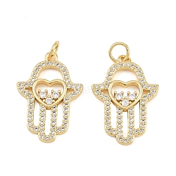 Brass Micro Pave Cubic Zirconia Pendants, Hamsa Hand with Heart Charms, Rack Plating, Long-Lasting Plated, Cadmium Free & Lead Free, Real 18K Gold Plated, Clear, 22x15.5x2mm, Hole: 3.5mm(CU-CBAB719-04G-C)
