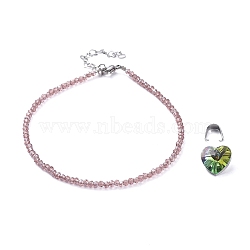 Electroplate Glass Beads Anklets, with 304 Stainless Steel Heart Link Chains & Lobster Claw Clasps & Snap on Bails, Heart Glass Pendants, Rosy Brown, 8-7/8 inch(22.5cm)(AJEW-AN00279-02)