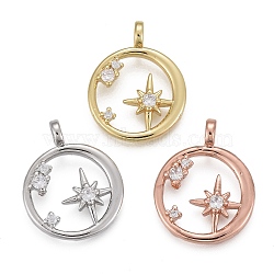 Brass Micro Pave Clear Cubic Zirconia Pendants, Long-Lasting Plated, Ring with Star, Mixed Color, 20x16x3mm, Hole: 3mm(KK-F821-18)