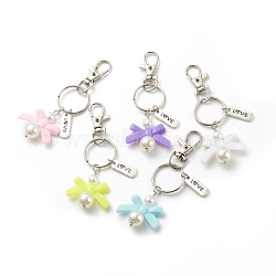 ABS Plastic Imitation Pearl  Beads and Acrylic Keychain, with Iron Key Rings and Alloy Swivel Clasps, Bowknot & Rectangle with Word Love, Mixed Color, 9.5cm(KEYC-JKC00353)