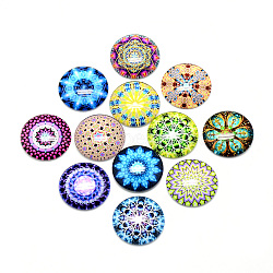 Printed Glass Flat Back Cabochons, Dome/Half Round, Geometric Flower Theme, Mixed Color, 25x6.5mm(GGLA-Q054-25mm-B05)