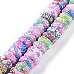 Handmade Flower Printed Polymer Clay Beads Strands, Rondelle, Colorful, 11~12.7x5.8~6.2mm, Hole: 1.4mm, about 56pcs/Strand, 12.60''(32cm)(CLAY-M003-02)