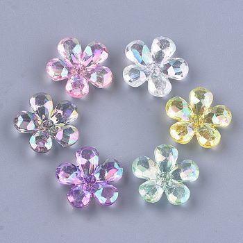 Transparent Acrylic Bead Caps, AB Color, Faceted, 5-Petal, Flower, Mixed Color, 23x22x7mm, Hole: 1.8mm