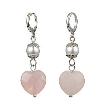 Natural Rose Quartz Heart with Shell Pearl Dangle Leverback Earrings, Platinum, 48x15mm