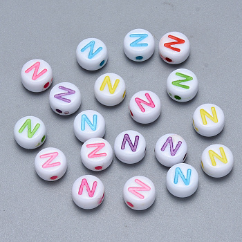 Craft Acrylic Horizontal Hole Letter Beads, Flat Round, Mixed Color, Letter.N, 7x3.5~4mm, Hole: 1.5mm, about 3600pcs/500g
