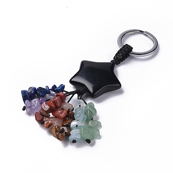 Natural Obsidian Star with Mixed Gemstone Chips Beaded Tassel Keychains, with 304 Stainless Steel Ring Clasps, 9.5~10cm