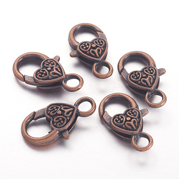 Tibetan Style Heart Lobster Claw Clasps, Cadmium Free & Lead Free, Red Copper, 26.5x14x6mm, Hole: 4mm