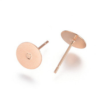 304 Stainless Steel Stud Earring Findings, Flat Pad Earring Post, Rose Gold, 12x8mm, Pin: 0.7mm