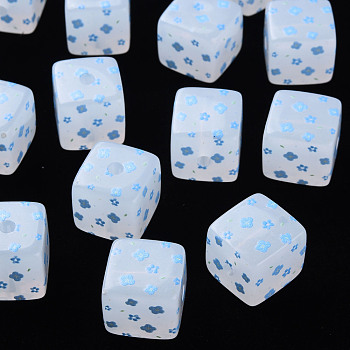 Printed Acrylic Beads, Square with Flower Pattern, Light Sky Blue, 16x16x16mm, Hole: 3mm