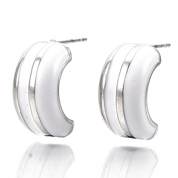Alloy Enamel Stud Earring, with Stainless Steel Pins, Letter C Shape, Platinum, Creamy White, 20x19x9mm, Pin: 1mm