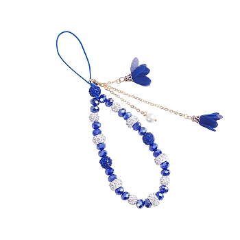 Polymer Clay Rhinestone & Glass Beaded Chain Mobile Strap, with Chiffon Flower Tassel, Anti-Lost Cellphone Wrist Lanyard, for Car Key Purse Phone Supplies, Blue, 12cm