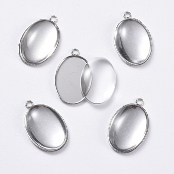 DIY Pendant Making, with 304 Stainless Steel Pendant Cabochon Settings and Transparent Oval Glass Cabochon, Stainless Steel Color, Cabochon Setting: 22x14mm, Glass: 18x13x4~5mm