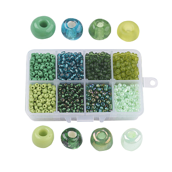 6/0 Glass Seed Beads, Mixed Style, Round, Green, 4x3mm, Hole: 1mm, about 1900pcs/box, Packaging Box: 11x7x3cm