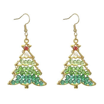 Glass Beaded Christmas Tree Dangle Earrings, Golden Alloy Jewelry, Green, 64x34mm