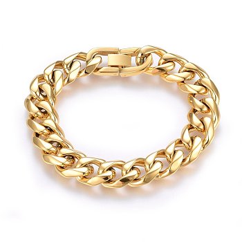 304 Stainless Steel Curb Chains Bracelets, with Fold Over Clasps, Golden, 8-5/8 inch(22cm), 14x5mm