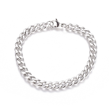 Unisex 304 Stainless Steel Curb Chain/Twisted Chain Bracelets, with Lobster Claw Clasps, Stainless Steel Color, 8-1/2 inch(21.5cm)