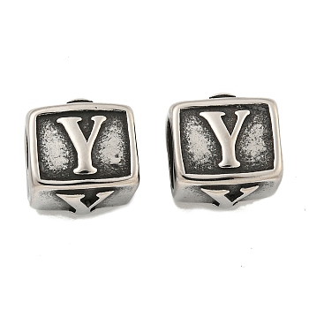 316 Surgical Stainless Steel with Rhinestone Large Hole Cube Beads, Antique Silver, Letter Y, 12x11x11mm, Hole: 9mm