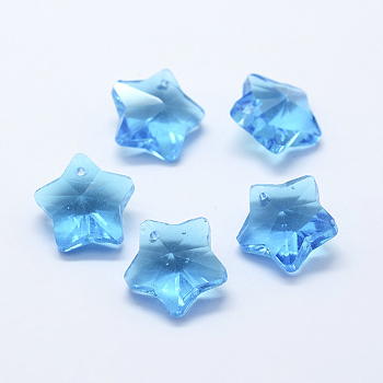 Transparent Glass Pendants, Faceted, Star Charms, Sky Blue, 13x13.5x7mm, Hole: 1mm