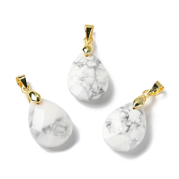 Natural Howlite Pendants, Teardrop Charms, Faceted, with Ion Plating(IP) Golden Plated Brass Findings, 18x13x6mm, Hole: 4x3.3mm