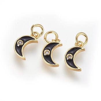 Brass Micro Pave Cubic Zirconia Charms, with Enamel and Jump Ring, Moon, Golden, Black, 10x6x2mm, Hole: 3mm