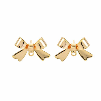 Brass Stud Earring Findings, Nickel Free, Bowknot, Real 18K Gold Plated, 11x16mm, Hole: 1.2mm, Pin: 0.6mm