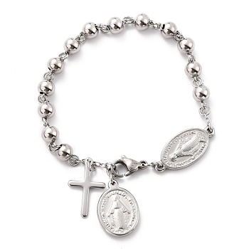 304 Stainless Steel Charm Bracelets, with Round Beads, Cross & Oval with Saint, Stainless Steel Color, 8-3/8 inch(21.3cm)