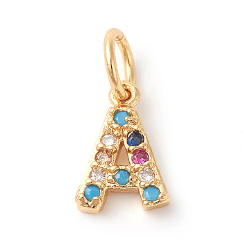Brass Micro Pave Colorful Cubic Zirconia Charms, Golden, Letter.A, 9x6x2mm, Hole: 3mm