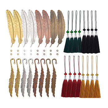 DIY Feather Bookmark Making Kits, Including Brass & Alloy Bookmarks, Polyester Tassel Big Pendants, Mixed Color, Bookmarks: 114~114.5x13.5~23mm, 16pcs/set