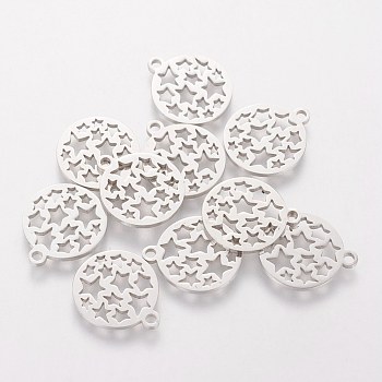 201 Stainless Steel Pendants, Laser Cut, Hollow, Flat Round with Star, Stainless Steel Color, 16x14x1mm, Hole: 1.5mm