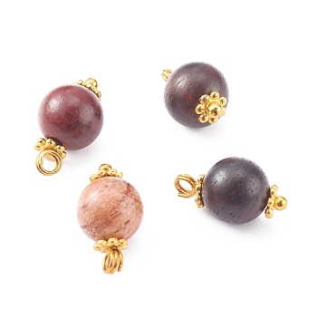 Natural Wood Beads Round Charms, with Alloy Daisy Spacer Beads and Brass Ball Head Pins, Golden, Mixed Color, 14x8mm, Hole: 2mm